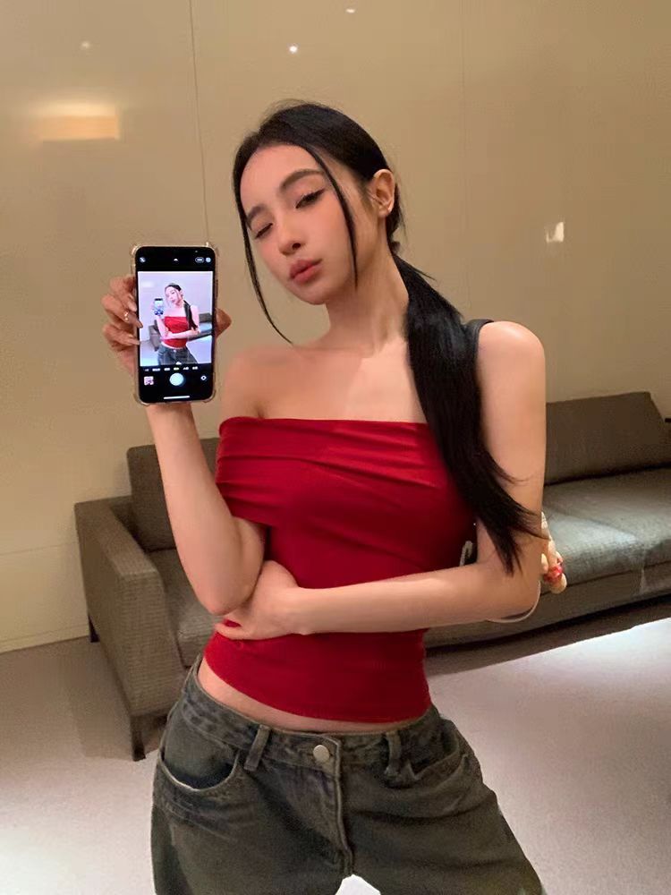 260克隨心裁一字肩性感短袖T恤女夏季修身顯瘦辣妹紅色短款上衣
