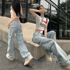 工裝闊腿牛仔褲女春夏多口袋高腰顯瘦寬鬆梨形身材美式直筒拖地褲