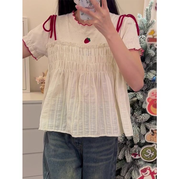 純棉 韓國chic夏季新款韓版美式刺繡打攬工藝 假兩件短袖T恤女潮