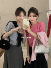 THE LEMON Lemon Green Tea Korean style short-sleeved one-piece shirt blouse round neck solid color literary knit top