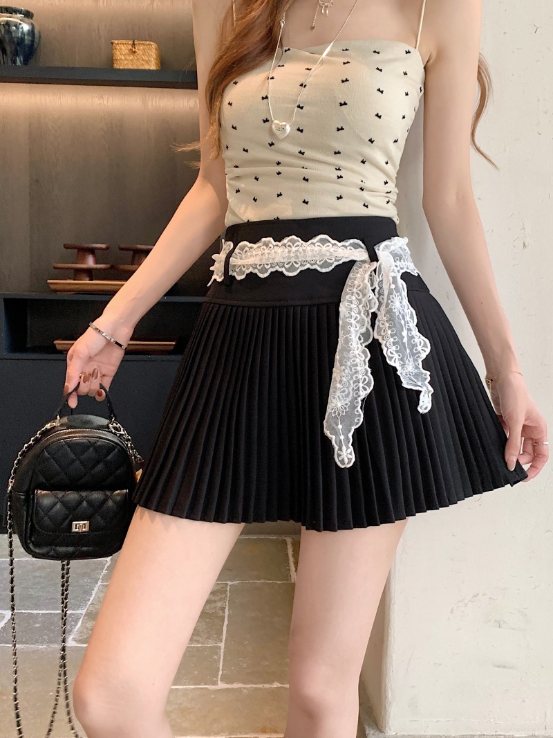 Real shot!  !  Design-sensual lace skirt pleated skirt high waist slim A-line short skirt