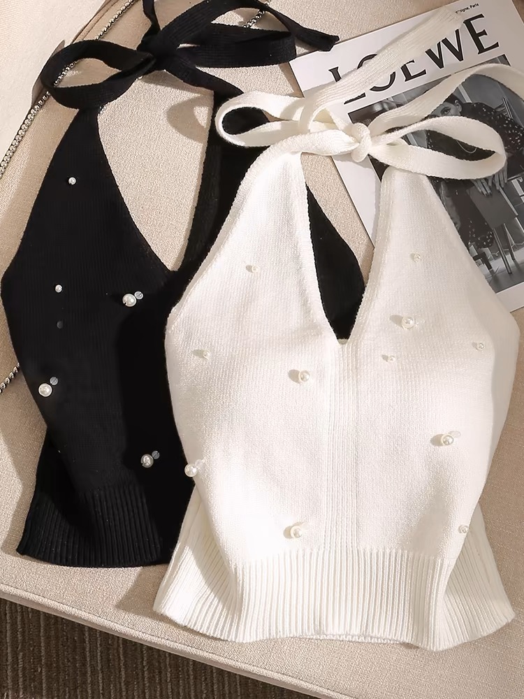 French beads with beautiful neck halter vest for women with hot girls slim and beautiful back and shoulders on the outside, knitted tops for summer