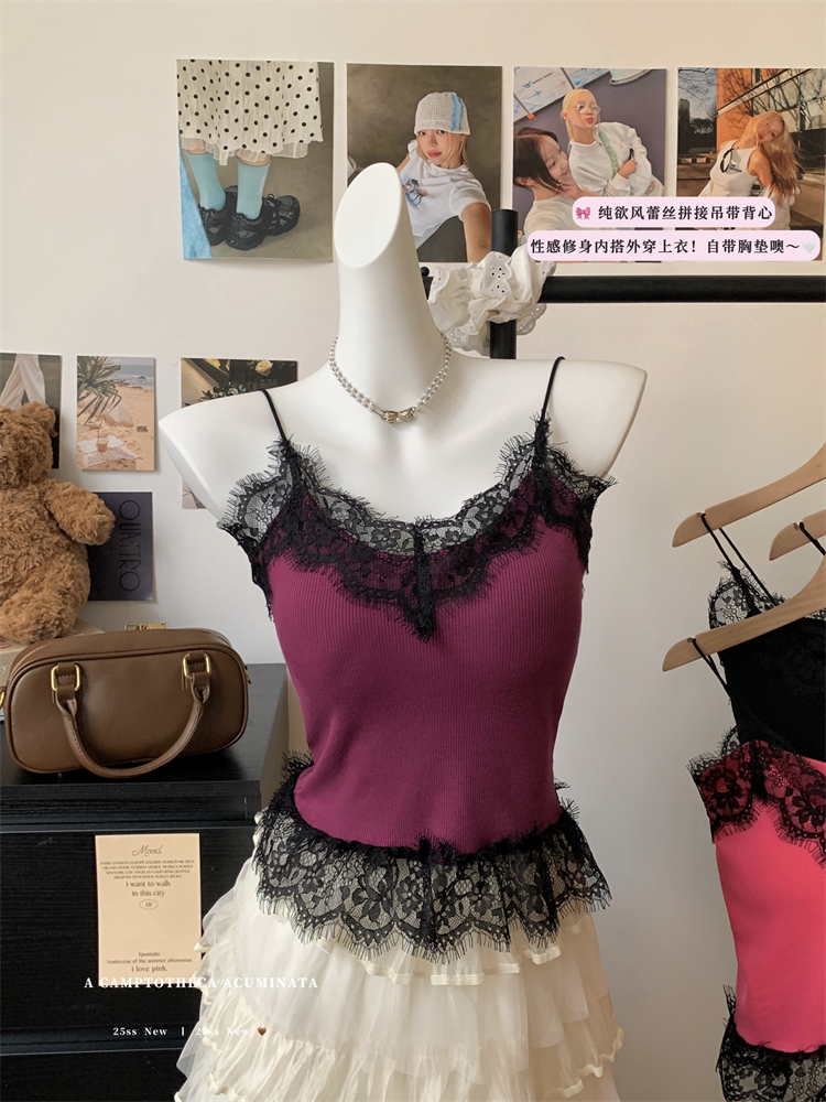Real-life 25-year new pure lace splicing suspender vest slim fit inner one cup base coat