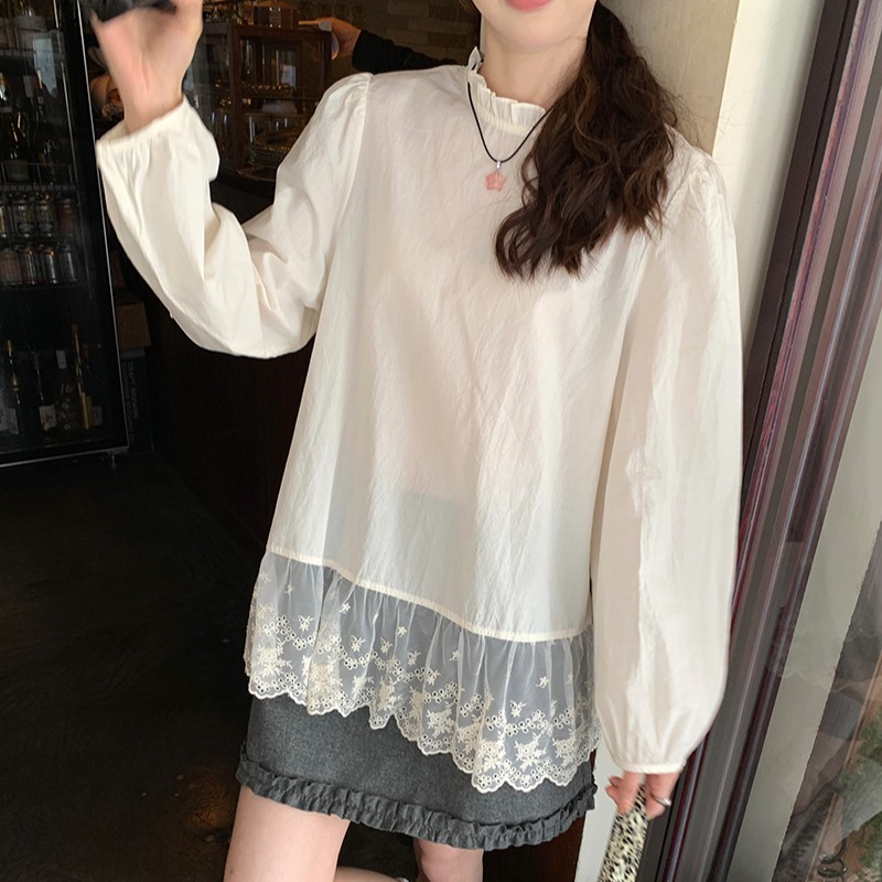 甜美蕾絲拼接泡泡袖花邊領襯衫女春季韓系寬鬆減齡顯瘦打底衫上衣