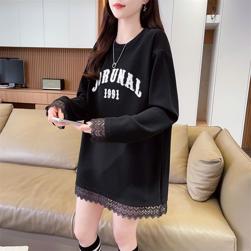 Real photos of German velvet lace splicing fake two-piece cartoon long-sleeved T-shirt for women's spring and autumn new loose top
