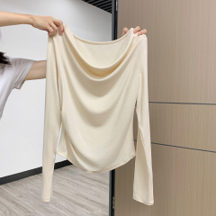 French one-shoulder off-shoulder long-sleeved T-shirt for women 2025 spring new design slanted shoulder pleated women's top