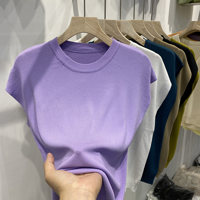Short-sleeved T-shirt for women's new ice silk sweater summer thin rotator sleeves loose slim round neck base shirt