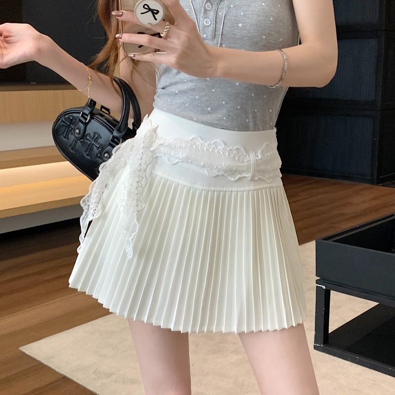 Real shot!  !  Design-sensual lace skirt pleated skirt high waist slim A-line short skirt