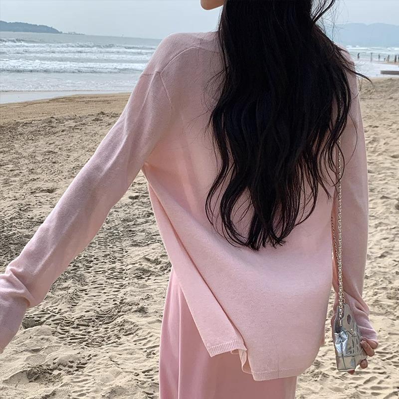 2025 new mid-length knitted pink cardigan for women spring and summer lazy long-sleeved thin sweater jacket outer top