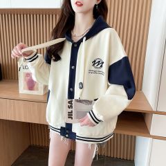 Real photos of Huamian loose hooded baseball uniform jacket for women in spring and autumn design niche contrast color splicing embroidered cardigan