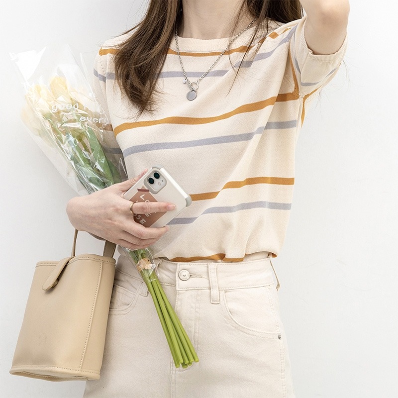 Foreign trade ice silk knitted sweater striped short-sleeved women's French age-reducing round neck top