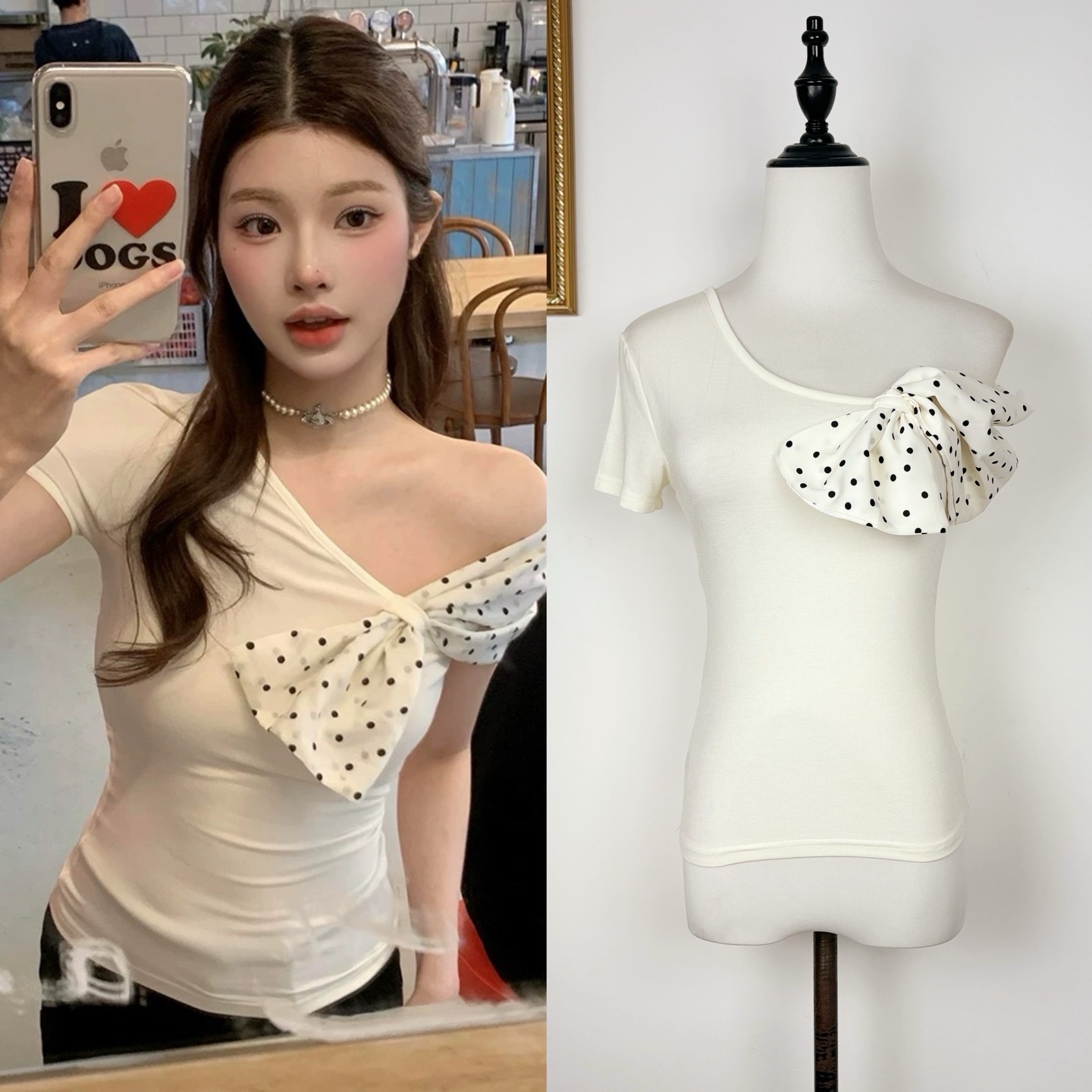 原版品質波點蝴蝶結短袖T恤女夏收腰顯瘦斜肩短款露肚臍上衣