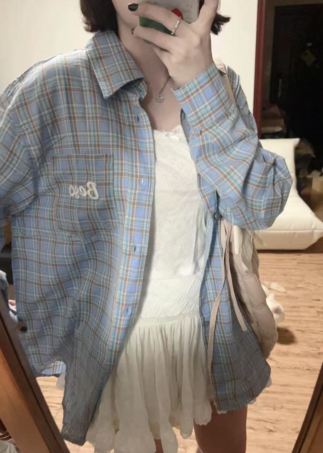 非實拍 美式復古藍色格子長袖襯衫春夏季寬鬆休閒襯衣外套潮