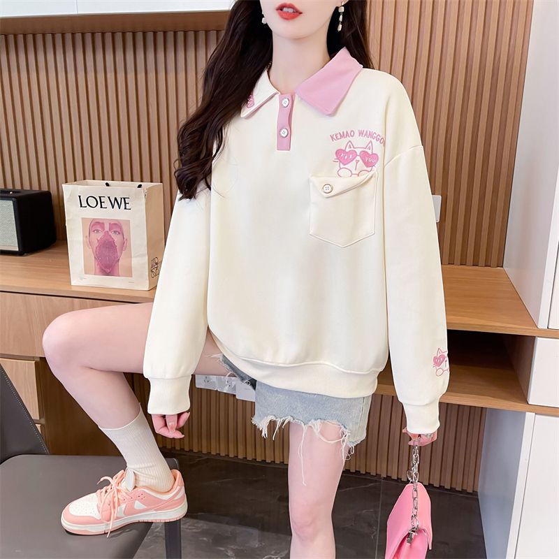 Real photos of Hua Cotton Polo neck sweatshirt for women's new spring and autumn fashionable age-reducing loose design top trendy