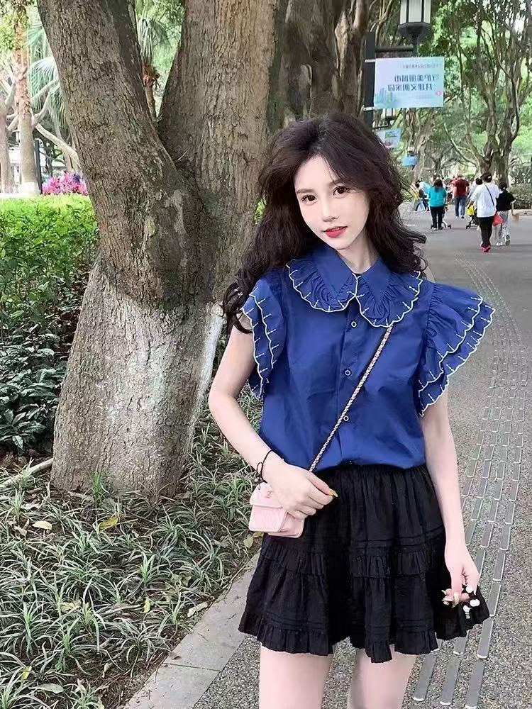 French puff sleeve chiffon shirt girls' doll collar uniquely beautiful sweet light luxury versatile lace hook top