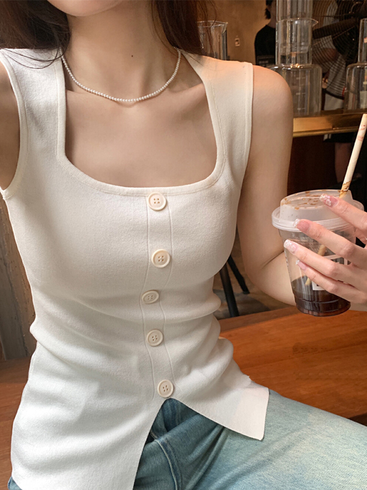 純欲顯瘦方領遮副乳針織背心女夏季洋氣卡腰小衫開叉無袖吊帶上衣