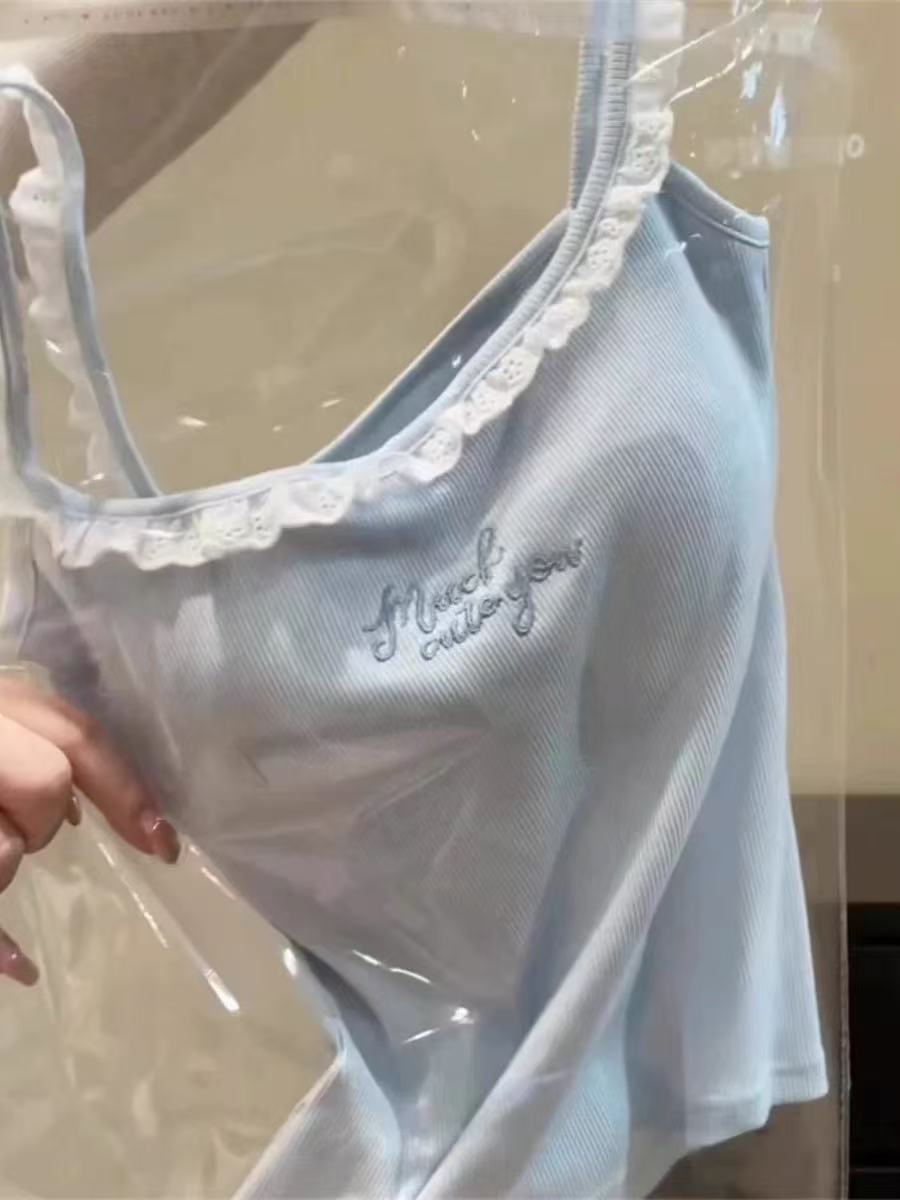 非實拍多巴胺藍色蕾絲邊吊帶背心帶胸墊外穿內搭甜辣美背上衣