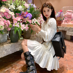 French draped long-sleeved white dress for women's clothing 2025 new Yunnan travel shirt short skirt