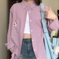 非實拍 慵懶風法式粉色格子可愛臘腸狗刺繡襯衫防曬襯衣外套
