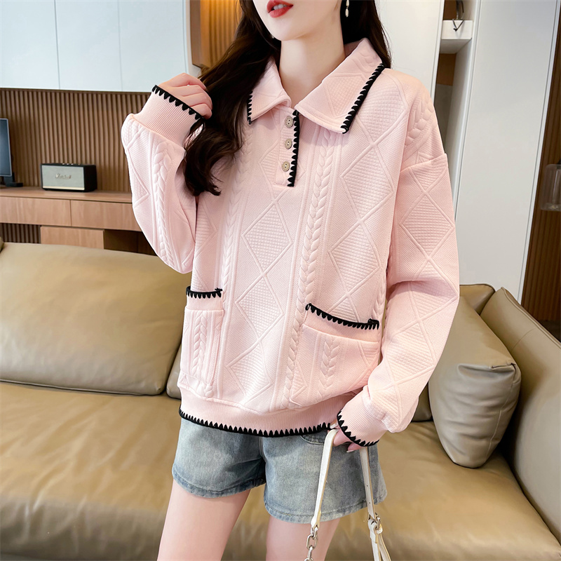 Real shot of polo neck jacquard sweatshirt for women's new spring and autumn fashionable age-reducing loose design top trendy