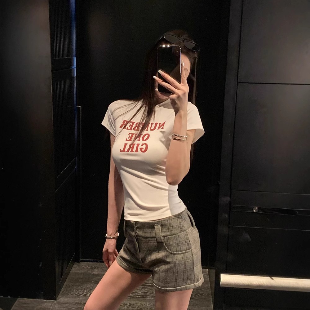 韓國chic純棉後包領夏季新款韓版美式印花修身高彈辣妹短袖T恤女