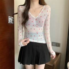 實拍 性感純欲辣妹長袖T恤女網紗罩衫夏季新款修身假兩件上衣