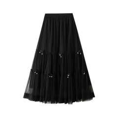 Design-sensing bow age-reducing mesh skirt for women 2025 spring new high-waisted drooping pleated large hem skirt