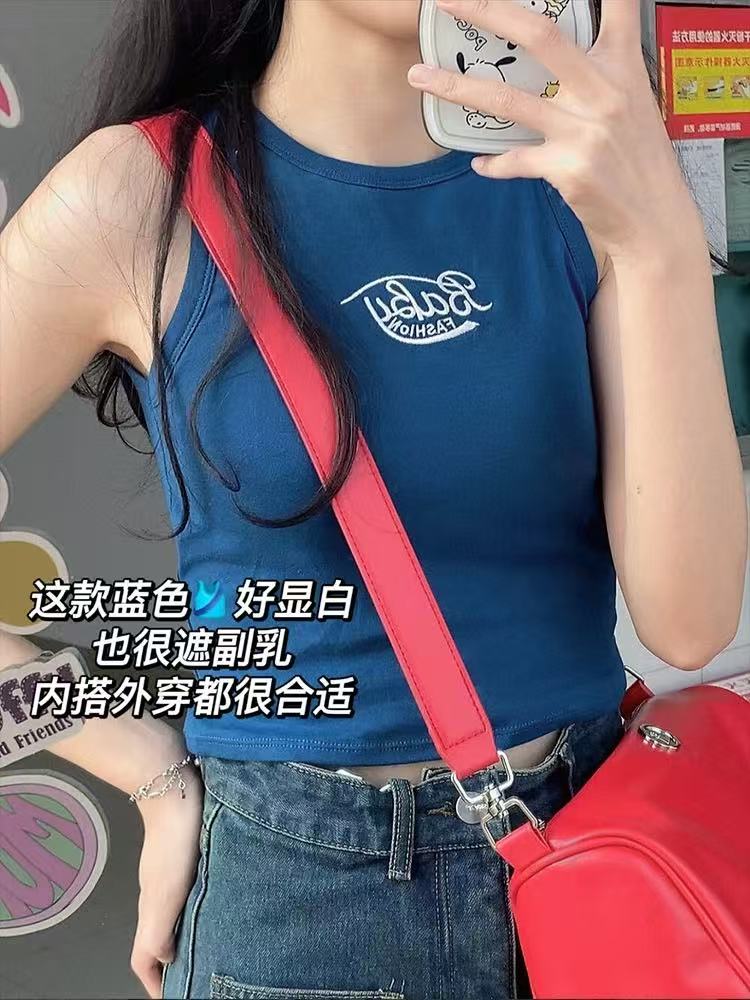 非實拍 甜辣百搭簡約字母修身小吊帶背心美背帶胸墊短款上衣