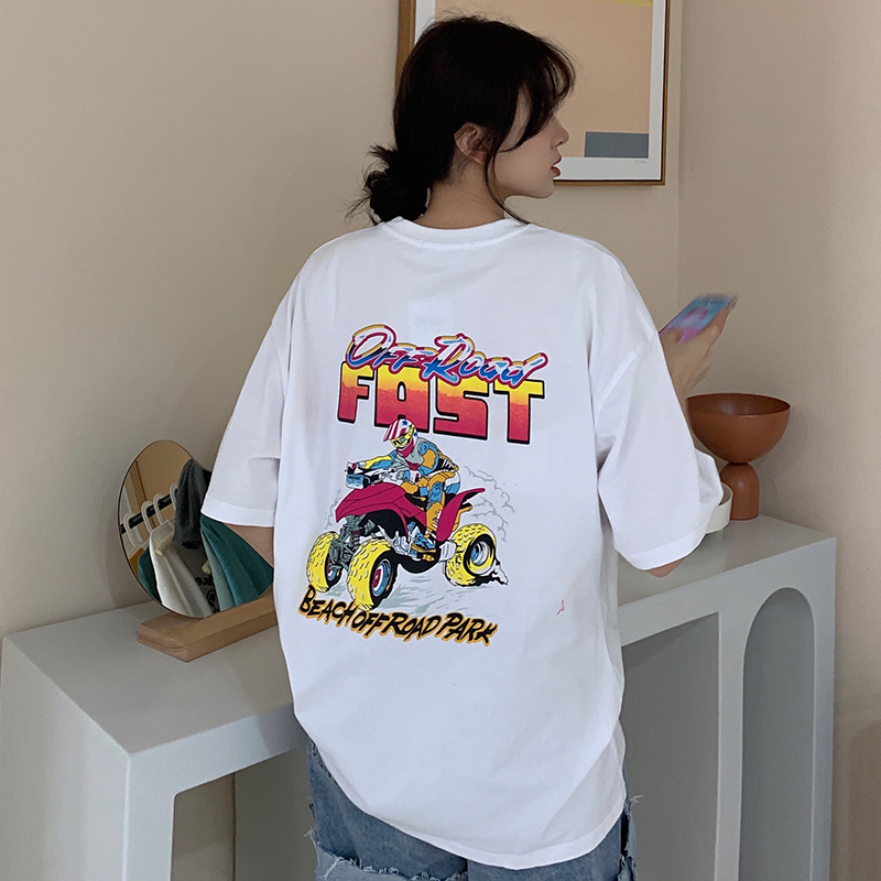 Pure cotton 200g new American retro car printed loose T-shirt for women short-sleeved casual versatile top