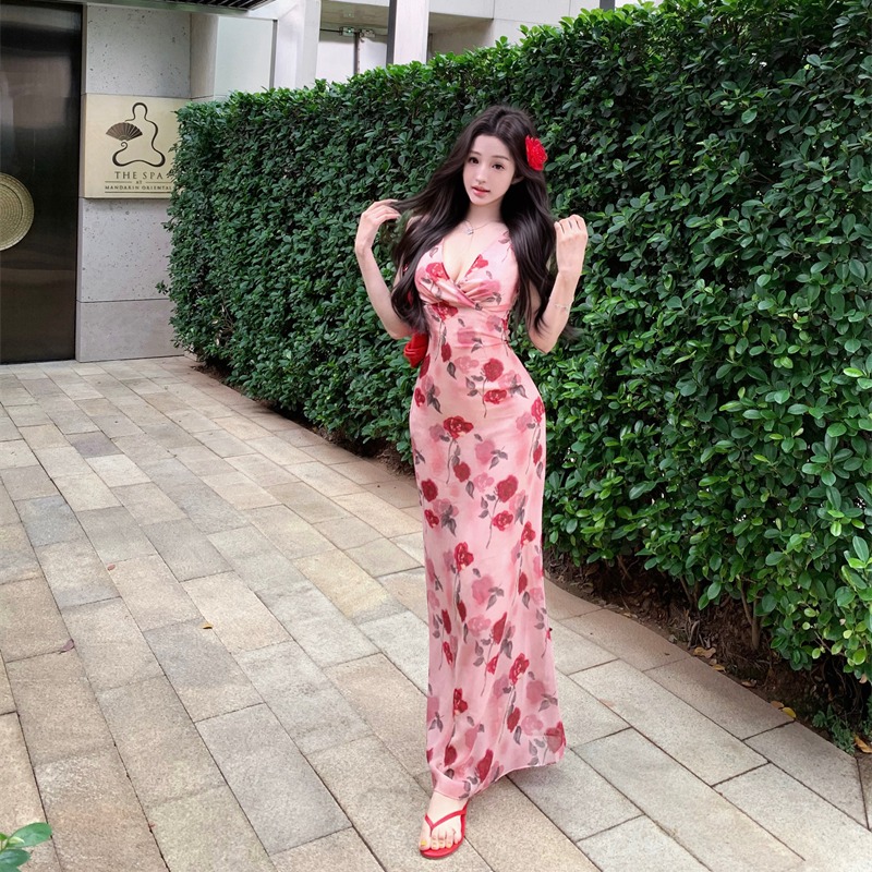 實拍~玫瑰滿印v領連衣裙女春季修身度假長裙子