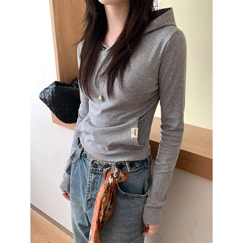 Real shot Korean version solid color simple and versatile casual slim short base hooded sweatshirt long sleeve base shirt for women