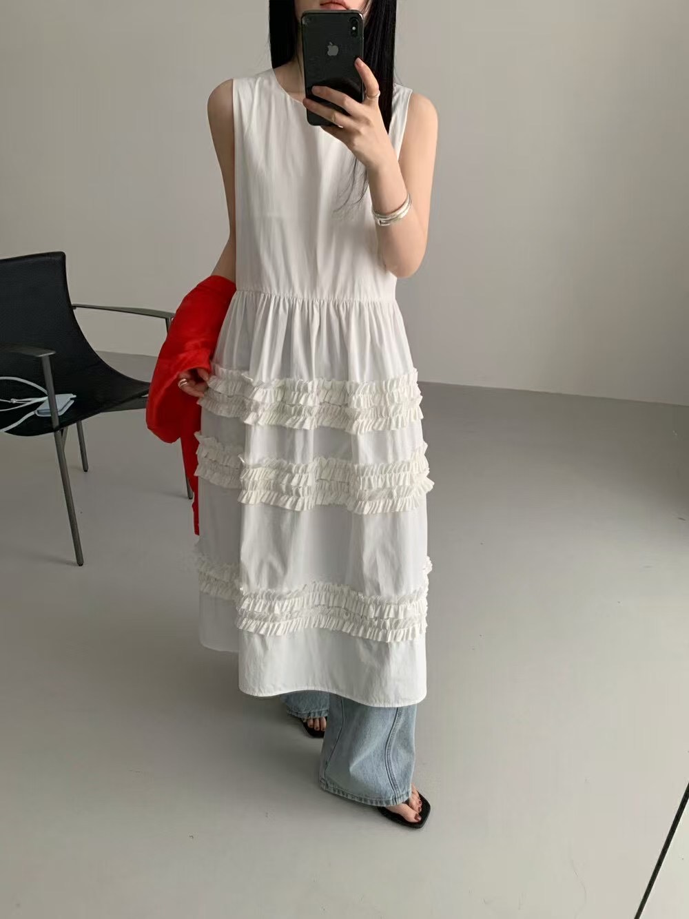 韓國東大門百搭甜美氣質顯瘦無袖連衣裙女中長款裙~配包包