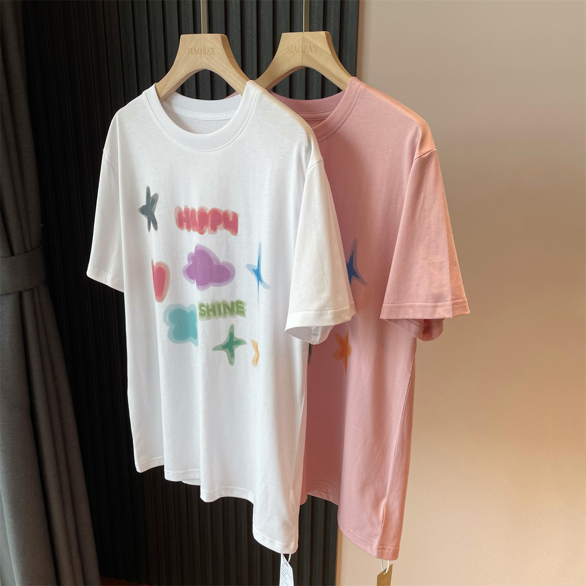 200g combed and tight spun in 2025, pure cotton back bag strip, spring and summer loose shoulder printed short-sleeved T-shirt
