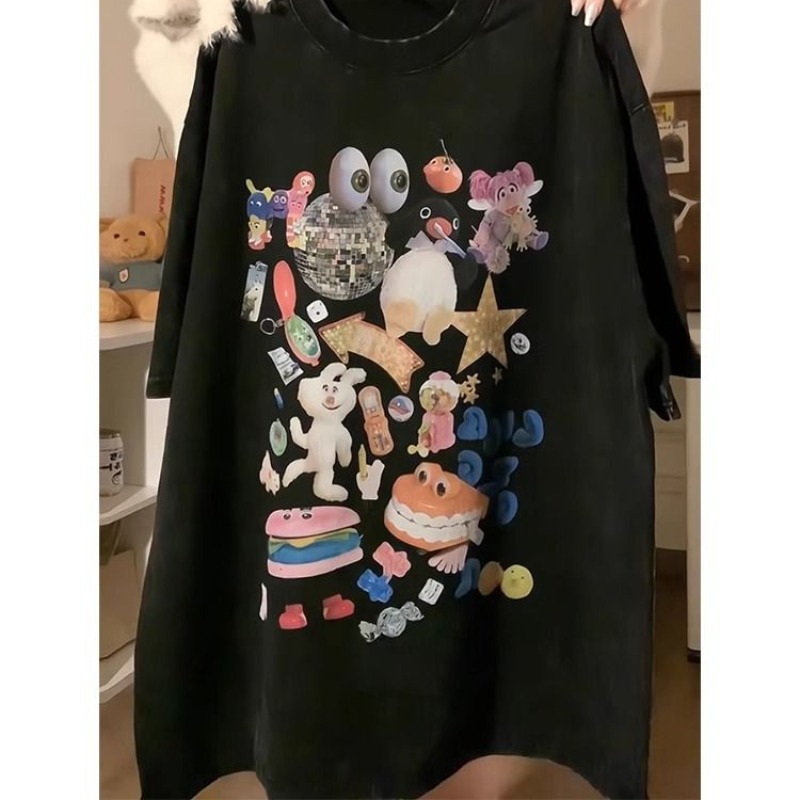 230g pure cotton collar spring and summer American retro loose large size top printed washing and old short-sleeved T-shirt