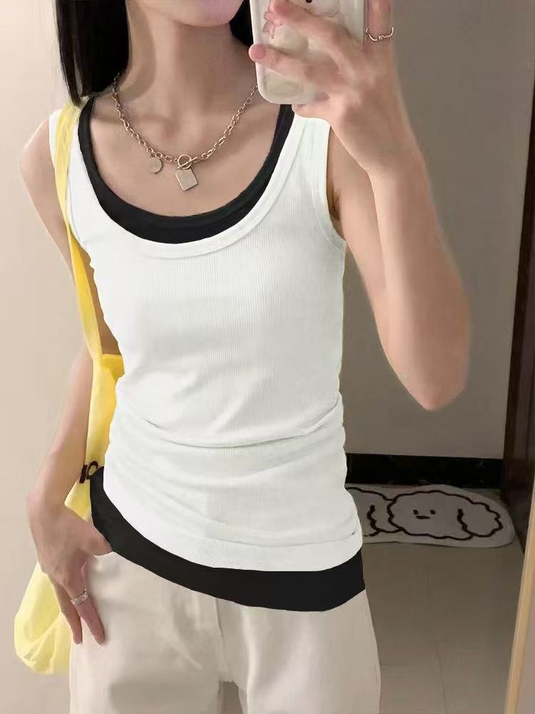 非實拍 U領假兩件拼接無袖背心休閒顯瘦夏季高級感外穿上衣潮