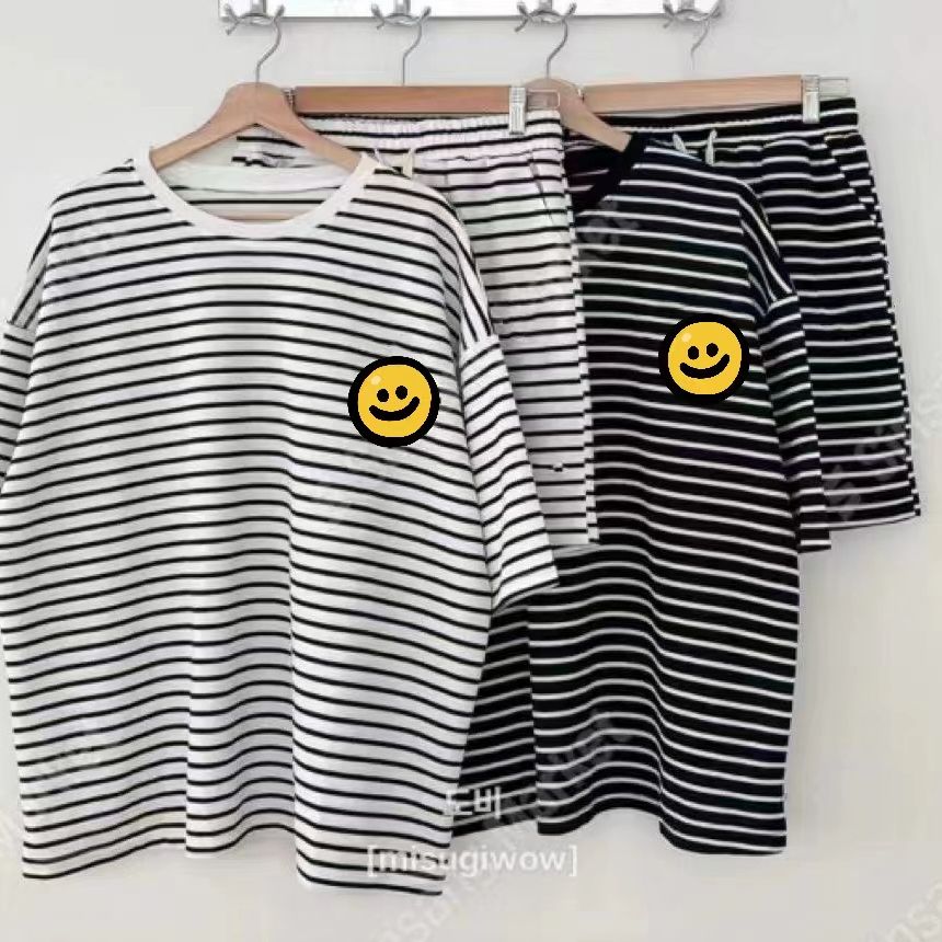 Korean Dongdaemun Women's Summer New Striped Short Sleeve T-Shirt and Shorts Set