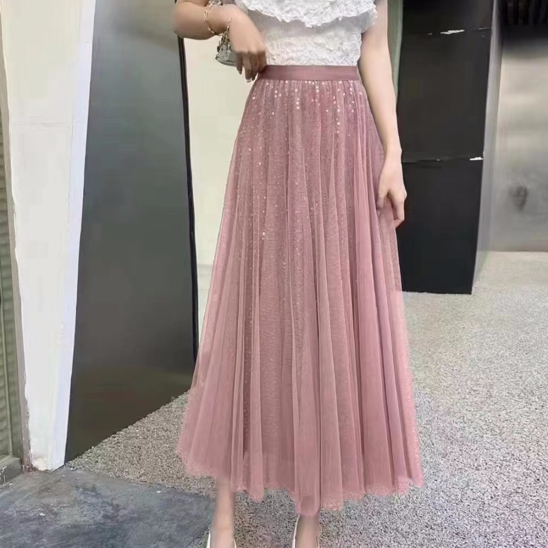 Sequin mesh skirt for women in spring and summer 2025 new high-waist hammered gauze skirt Korean style slim and long skirt