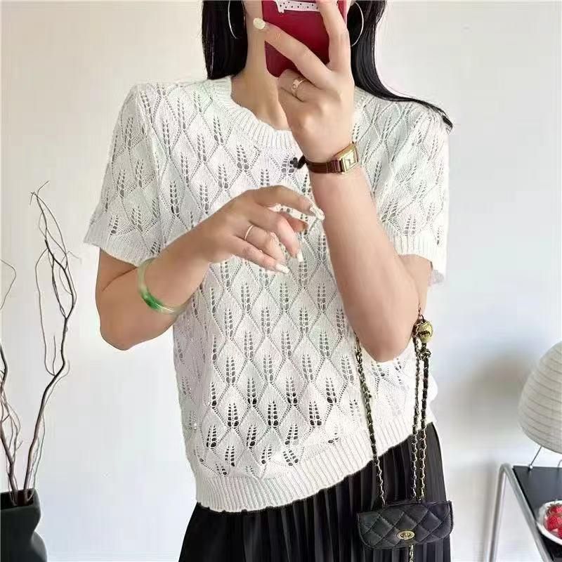 短袖寬鬆打底衫上衣女夏季新款荷葉領鏤空透氣針織衫半袖t恤薄款