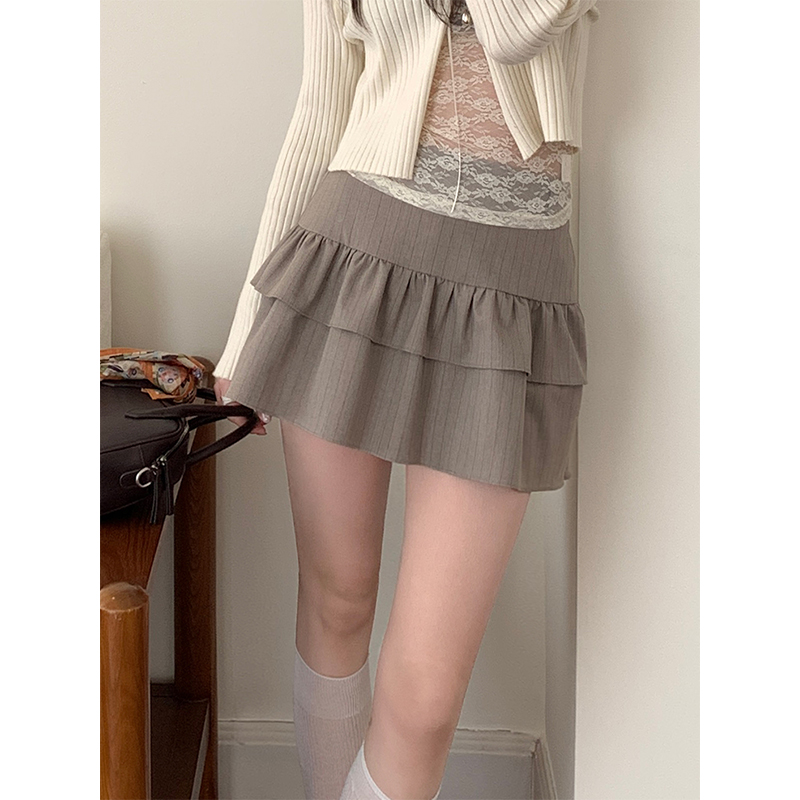 Real-life spring niche simple slim and long legs A-line skirt 2025 new pinstripe double-layer ruffled skirt