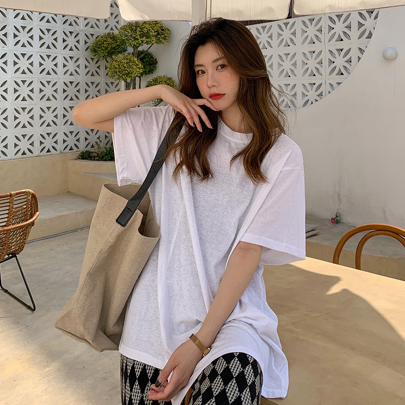 #Real photo 6535 cotton tie-up shoulder collar irregular design mid-length short-sleeved T-shirt for women
