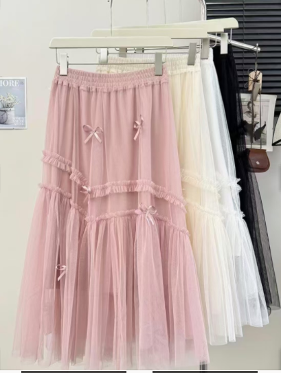 Super fairy bow mesh skirt women's high waist A-line skirt mid-length pleated skirt slim gauze skirt