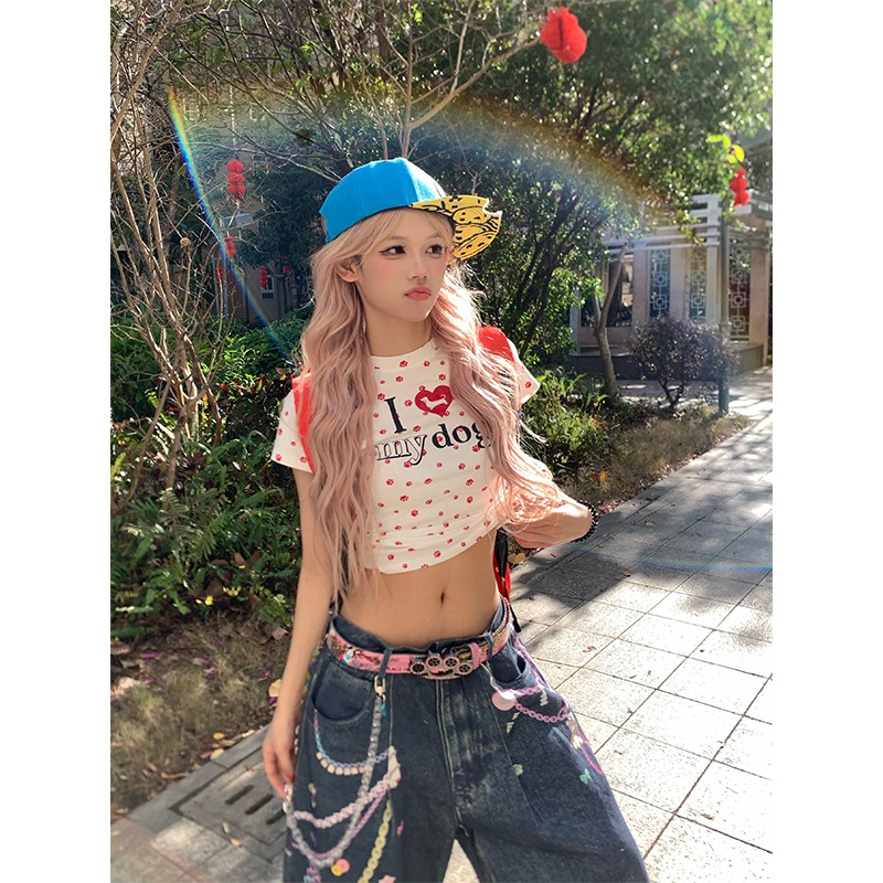 純棉 韓國chic夏季新款復古美式短款上衣辣妹修身短袖T恤女設計感