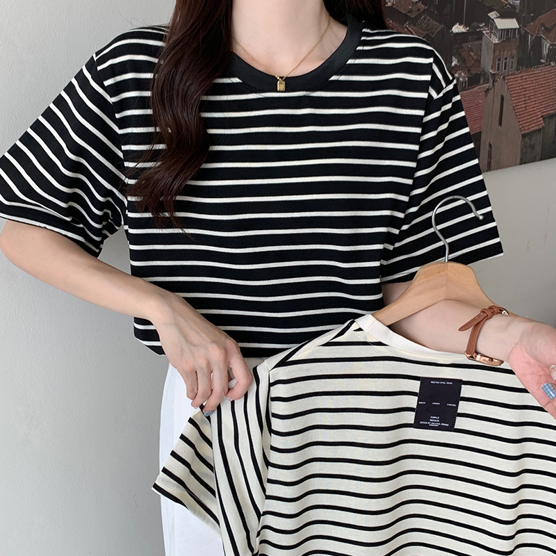 #Real photo 95 cotton 5 spandex woven striped back patch striped short-sleeved women's T-shirt loose and versatile