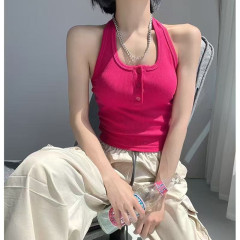 非實拍 吊帶背心帶胸墊夏季外穿多巴胺掛脖紐扣別致美背上衣