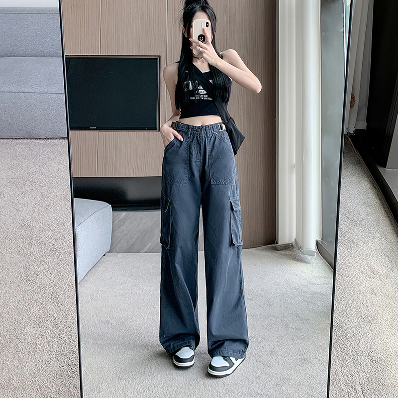 Real photo 2025 summer new American retro washing multi-pocket work jeans women's casual straight-leg pants