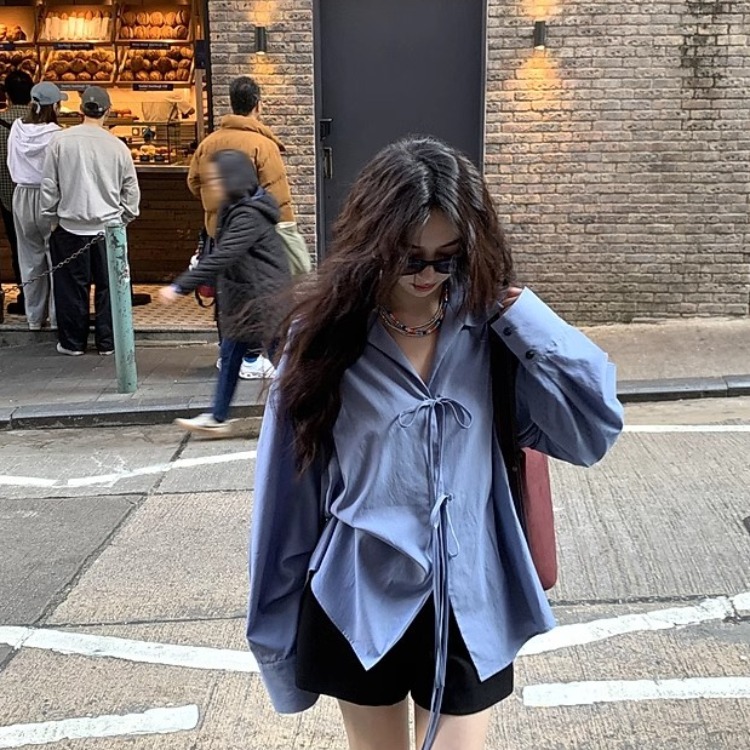 官圖 原版面料 三標齊 法式復古蝴蝶結系帶藍色襯衫女小眾上衣
