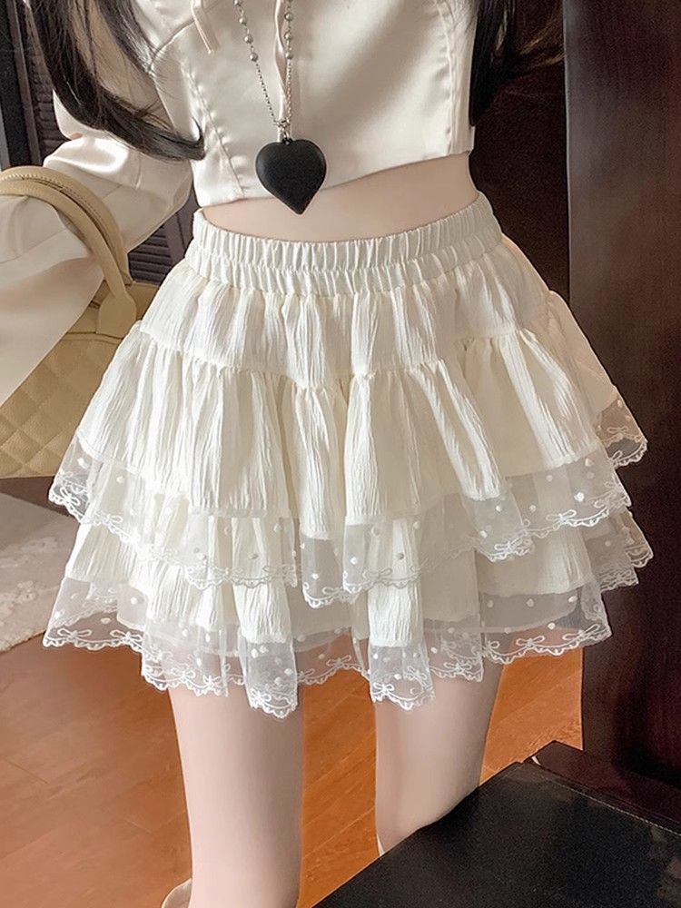 Ballet-style lace edge A-line skirt, cake dress for women, 2025 new spring high-waisted modest short skirt