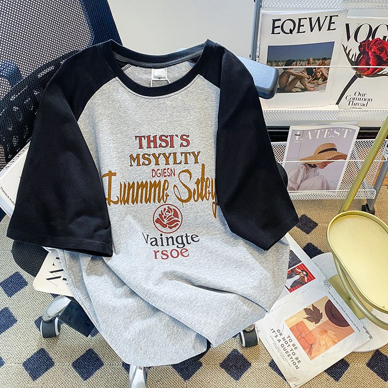 Real-life quality combed cotton short-sleeved T-shirt for women in summer print round neck new top large size women's clothing