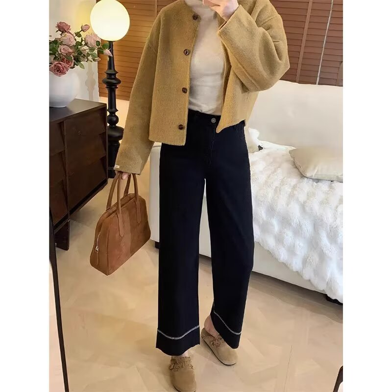 2025年春秋新款黑色刺繡直筒褲胖mm梨形身材高腰顯瘦彈力闊腿褲子