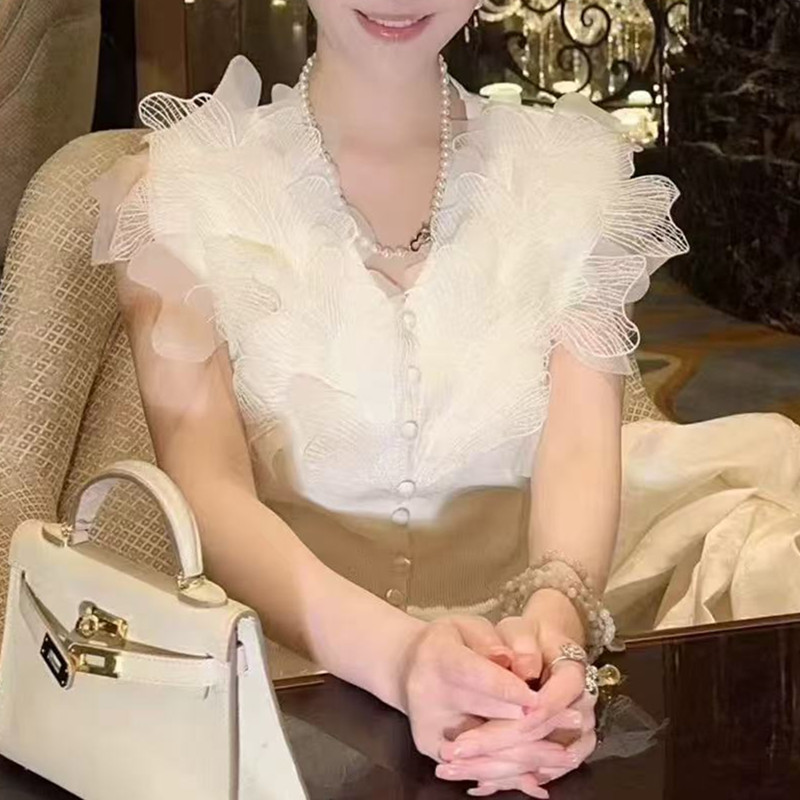 非實拍 法式修身V領蕾絲拼接設計感針織衫顯瘦內搭無袖上衣潮